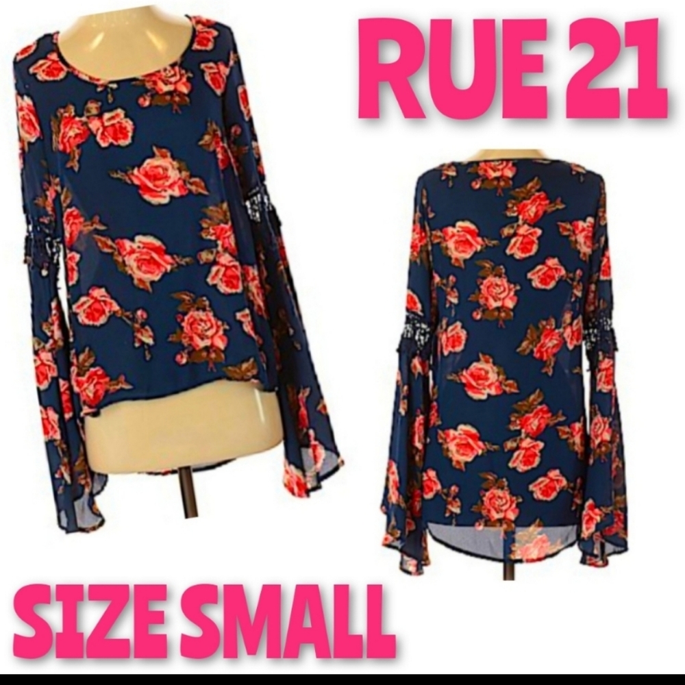 Rue21 Top Size S Floral High Low Bell Sleeve EUC - Picture 1 of 10